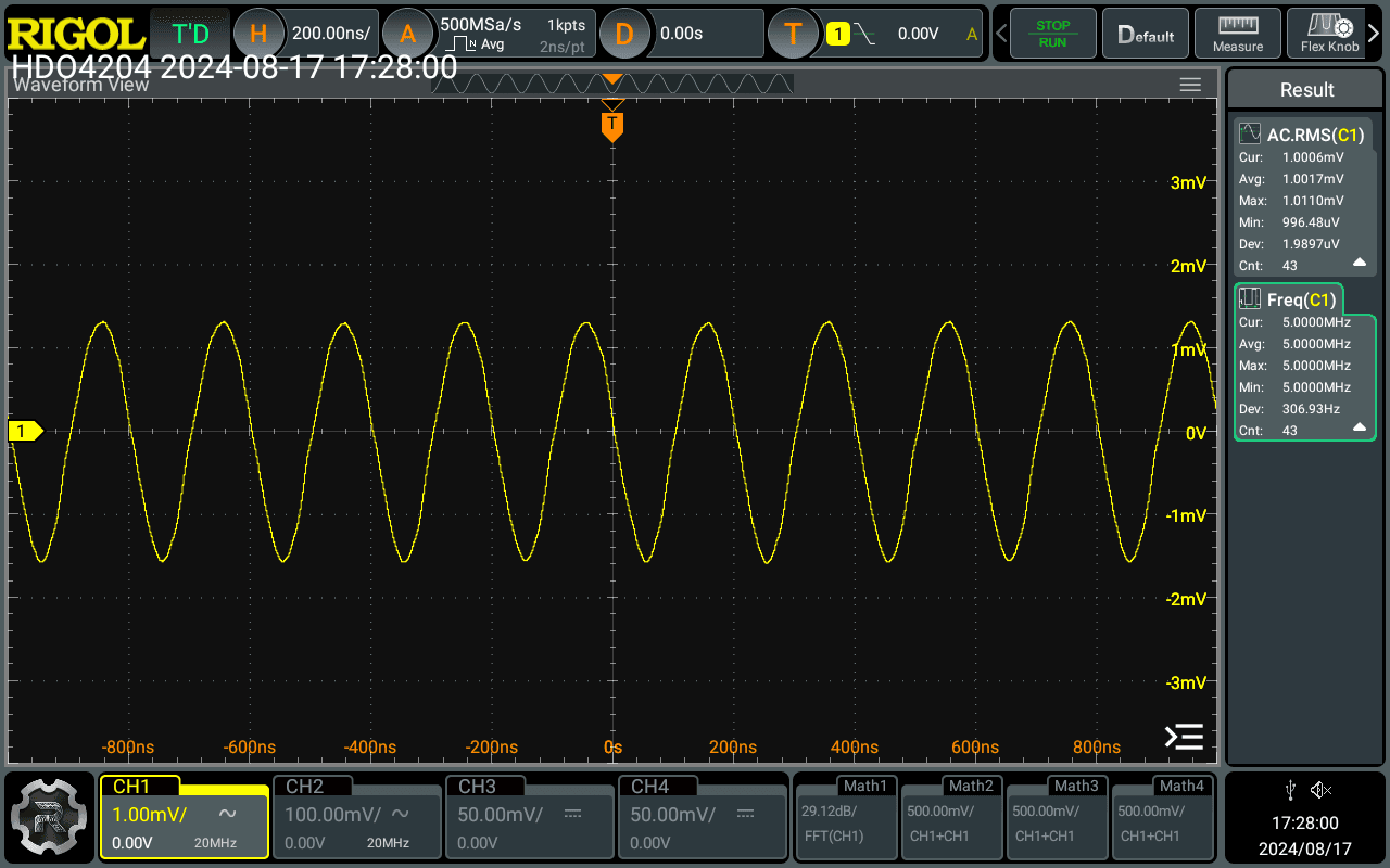 Oscilloscope capture of the ECA-5M excitation signal at 5 MHz