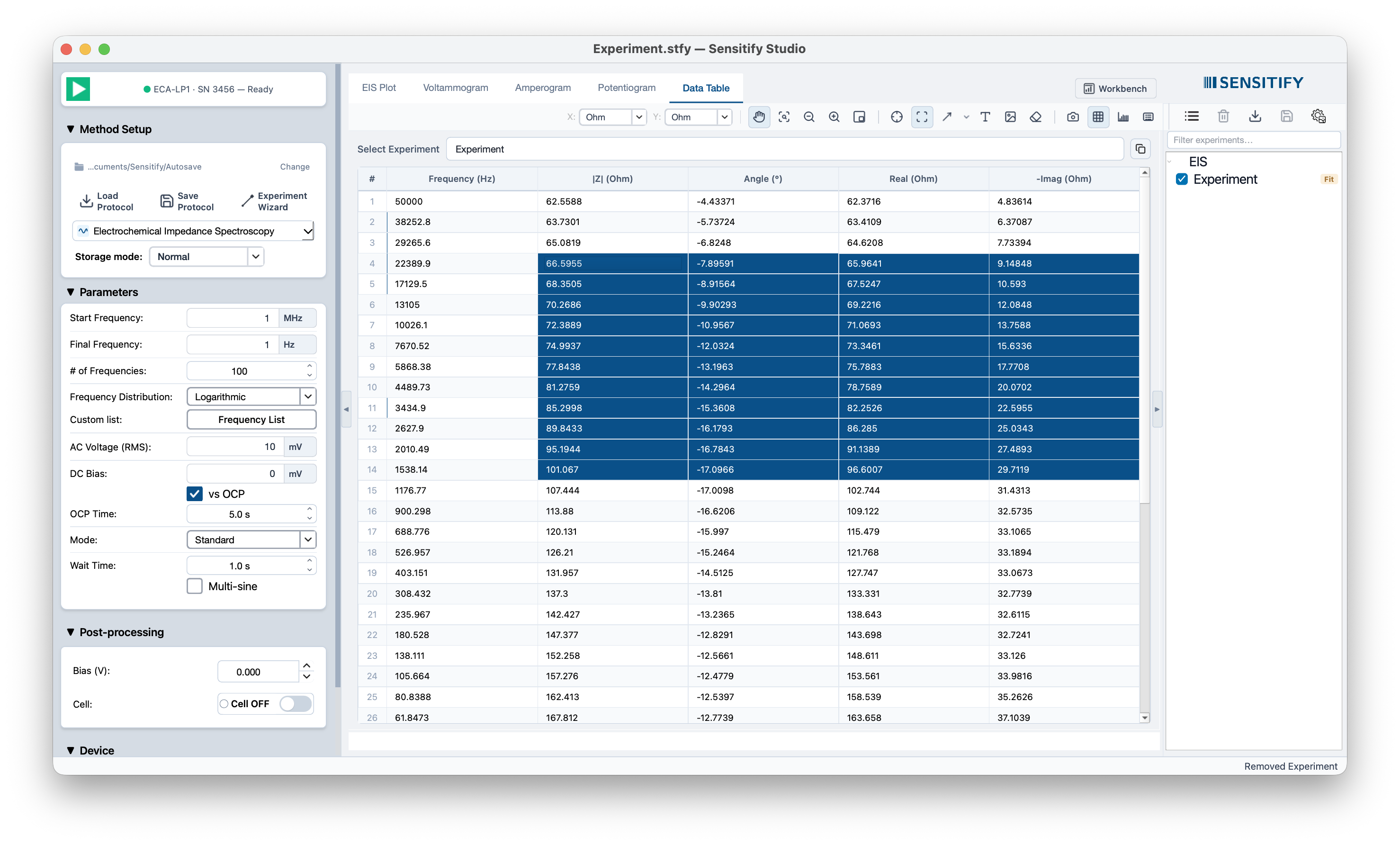 Studio's Data Table, the raw rows the Excel, CSV, ASCII, and MATLAB exports carry